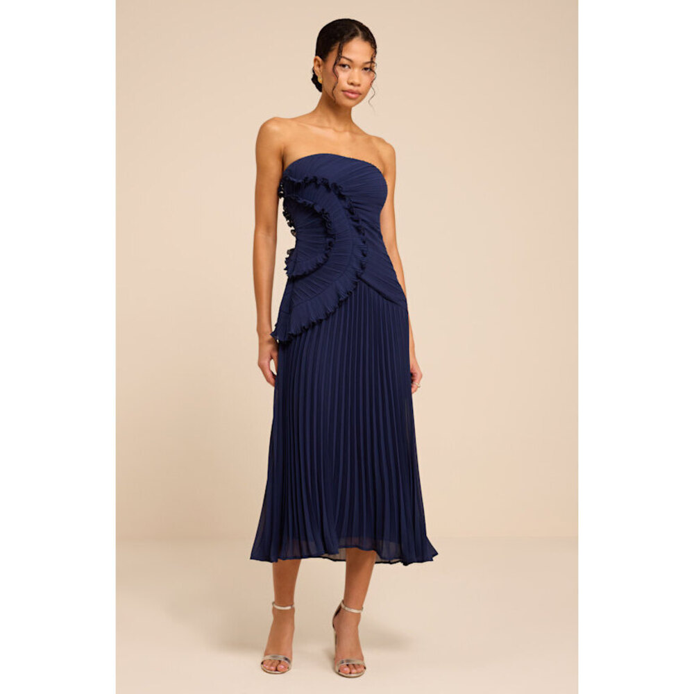 Lulus Brylee Navy Pleated Ruffled Midi Dress Blue - Size M